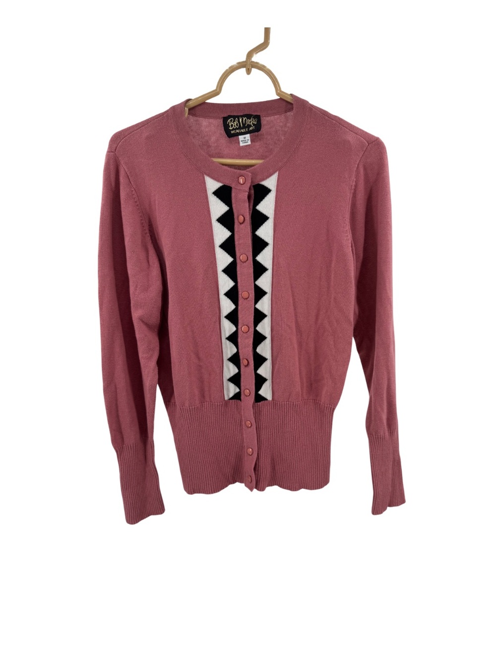 Bob Mackie Rose Pink Crewneck cardigan Sweater M geometric preppy casual cottage